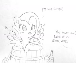 Size: 1686x1393 | Tagged: safe, artist:tjpones, imported from derpibooru, fluttershy, pegasus, pony, bath, bathing, black and white, blushing, brush, chest fluff, dialogue, ear fluff, female, grayscale, lineart, mare, monochrome, offscreen character, shampoo, simple background, spread wings, traditional art, we don't normally wear clothes, wings