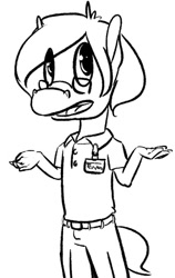 Size: 426x676 | Tagged: safe, artist:tempusfidgets, imported from derpibooru, oc, oc:tempus fidgets, anthro, earth pony, male, monochrome, name tag, polo shirt, simple background, solo
