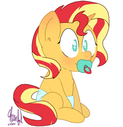 Size: 1024x1058 | Tagged: safe, artist:cheerfulcolors, imported from derpibooru, sunset shimmer, pony, unicorn, baby, baby pony, babyset shimmer, cute, diaper, female, foal, pacifier, shimmerbetes, simple background, solo, white background, younger