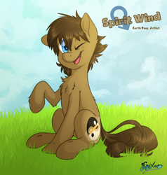 Size: 3800x4000 | Tagged: safe, artist:fluffyxai, imported from derpibooru, oc, oc only, oc:spirit wind, earth pony, pony, looking at you, male, one eye closed, raised hoof, sitting, smiling, solo, stallion, wink