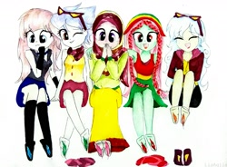 Size: 2222x1638 | Tagged: safe, artist:liaaqila, imported from derpibooru, oc, oc only, oc:aesthetic adore, oc:nightberry, oc:shy meadows, oc:silky feathers, oc:summer song (ice1517), icey-verse, equestria girls, bandana, barefoot, black socks, clothes, commission, dress, equestria girls-ified, eyes closed, feather, feet, female, fetish, foot fetish, gloves, goggles, hijab, hoodie, islam, laughing, lip bite, magical lesbian spawn, next generation, offspring, one eye closed, open mouth, parent:fluttershy, parent:inky rose, parent:lily lace, parent:nightshade, parent:raspberry vinaigrette, parent:tree hugger, parents:flutterhugger, parents:inky lace, parents:nightlace, parents:raspberryshade, scarf, shorts, siblings, signature, simple background, sisters, skirt, sleeveless, socks, stockings, striped socks, tanktop, thigh highs, tickle fetish, tickle torture, tickling, traditional art, wall of tags, white background, zettai ryouiki