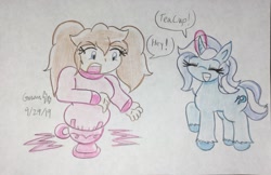 Size: 2370x1536 | Tagged: safe, artist:gmangamer25, imported from derpibooru, trixie, oc, human, cup, teacup, traditional art
