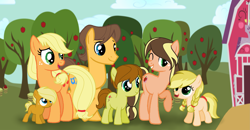 Size: 3617x1881 | Tagged: safe, artist:lunaapple, imported from derpibooru, applejack, caramel, oc, oc:apple melody, oc:cinnamon jack, oc:lasso roll, oc:melora, earth pony, pony, apple, apple tree, barn, base used, carajack, family, female, male, offspring, parent:applejack, parent:caramel, parents:carajack, shipping, straight, sweet apple acres, tree