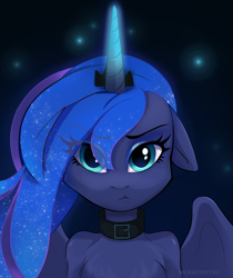 Size: 2100x2500 | Tagged: safe, artist:shoggoth-tan, imported from derpibooru, princess luna, alicorn, anthro, baka, bust, chest fluff, collar, commission, cute, female, floppy ears, looking at you, lunabetes, mare, portrait, solo