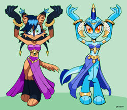 Size: 1039x900 | Tagged: safe, artist:curtsibling, imported from derpibooru, princess ember, anthro, big cat, lynx, anklet, armlet, arms in the air, belly dancer, belly dancer outfit, bracelet, commission, crossover, harem outfit, jewelry, looking at you, necklace, nicole the holo-lynx, sonic the hedgehog (series), spirette