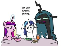 Size: 730x534 | Tagged: safe, artist:jargon scott, edit, imported from derpibooru, princess cadance, queen chrysalis, shining armor, alicorn, changeling, changeling queen, pony, unicorn, awkward, bread, cereal, changeling egg, dialogue, eat your hamburgers apollo, eating, egg, female, floppy ears, food, glowing horn, green eggs, green eggs and ham, horn, juice, magic, male, mare, meat, meme, orange juice, ponies eating meat, ponified meme, rhyming in the comments, scrunchy face, simple background, stallion, telekinesis, toast, white background