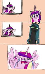 Size: 774x1253 | Tagged: safe, artist:jargon scott, edit, imported from derpibooru, princess cadance, queen chrysalis, alicorn, changeling, changeling queen, against glass, angry, comic, crying, disguise, disguised changeling, fake cadance, female, glass, ocular gushers, princess sadance, tears of anger