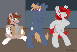 Size: 5193x3523 | Tagged: safe, artist:reddthebat, imported from derpibooru, oc, oc:foxwhelp, oc:nightshine, oc:reddthebat, bat pony, earth pony, pony, accordion, bipedal, dancing, female, male, mare, musical instrument, sitting, stallion