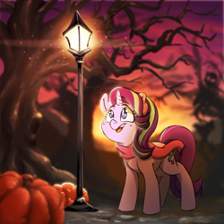 Size: 1000x1000 | Tagged: safe, artist:xxmarkingxx, imported from derpibooru, starlight glimmer, pony, unicorn, autumn, clothes, cute, female, glimmerbetes, happy, looking up, mare, pumpkin, scarf, solo, streetlight, tree