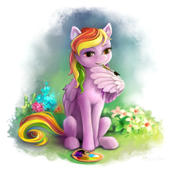 Size: 1101x1080 | Tagged: safe, artist:vyazinrei, imported from derpibooru, oc, oc only, oc:candy clumsy, pegasus, pony, female, flower, mare, paintbrush, palette, sitting