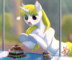 Size: 2300x1900 | Tagged: safe, artist:peachmayflower, imported from derpibooru, oc, oc only, oc:snow veil, pony, semi-anthro, unicorn, bipedal, bipedal leaning, cake, cute, drool, eyes on the prize, female, food, heart, heart eyes, leaning, looking at something, mare, open mouth, shoes, solo, want, window, wingding eyes