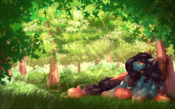 Size: 1700x1061 | Tagged: safe, artist:peachmayflower, imported from derpibooru, oc, oc only, pegasus, pony, commission, dappled sunlight, female, forest, freckles, gradient hooves, looking up, mare, outdoors, prone, smiling, solo, sunlight, tree, ych result