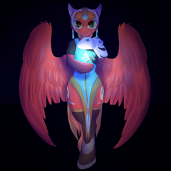 Size: 2500x2500 | Tagged: safe, artist:peachmayflower, imported from derpibooru, oc, oc only, cyborg, pegasus, semi-anthro, black background, clothes, female, mare, overwatch, simple background, solo, symmetra