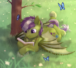 Size: 1460x1300 | Tagged: safe, artist:peachmayflower, imported from derpibooru, oc, oc only, oc:grey seeking dusk, bat pony, butterfly, pony, bat pony oc, book, goggles, male, solo, stallion, tree