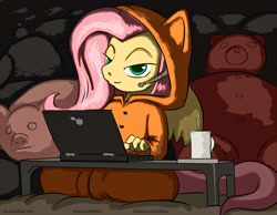 Size: 1500x1166 | Tagged: safe, artist:vylfgor, imported from derpibooru, fluttershy, anthro, unguligrade anthro, clothes, computer, female, game, gamershy, headphones, hoodie, laptop computer, mare, microphone, plushie