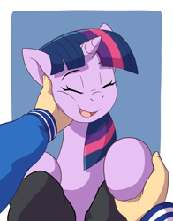 Size: 3300x4200 | Tagged: safe, artist:deannart, imported from derpibooru, twilight sparkle, human, pony, bronybait, commission, cute, eyes closed, female, female focus, hand, human on pony petting, mare, offscreen character, open mouth, petting, photo, pov, simple background, solo focus, twiabetes