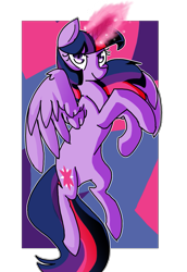 Size: 741x1078 | Tagged: safe, artist:snowolive, imported from derpibooru, part of a set, twilight sparkle, alicorn, pony, abstract background, cutie mark, female, flying, glowing horn, horn, looking at you, mare, narrowed eyes, rearing, smiling, solo, spread wings, twilight sparkle (alicorn), wings