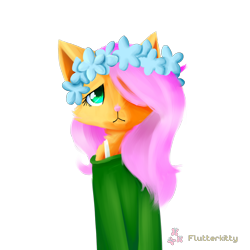 Size: 894x894 | Tagged: safe, artist:myralilth, artist:snowolive, imported from derpibooru, fluttershy, anthro, cat, catified, clothes, collaboration, female, floral head wreath, flower, fluttercat, hair over one eye, looking at you, off shoulder, off shoulder sweater, simple background, solo, species swap, sweater, sweatershy, transparent background