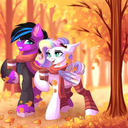 Size: 1280x1280 | Tagged: safe, artist:airiniblock, imported from derpibooru, oc, oc only, bat pony, pegasus, pony, autumn, bat pony oc, clothes, coffee, duo, female, full body, leaves, male, mare, rcf community, scarf, socks, tree