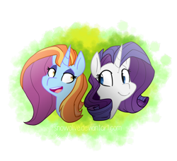 Size: 936x854 | Tagged: safe, artist:snowolive, imported from derpibooru, rarity, sassy saddles, pony, unicorn, abstract background, bust, female, lesbian, mare, open mouth, rarisaddles, smiling