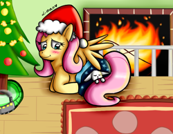 Size: 648x504 | Tagged: safe, artist:warped-dragonfly, imported from derpibooru, angel bunny, fluttershy, pegasus, pony, blanket, christmas, christmas tree, female, fire, fireplace, hat, holiday, mare, model train, prone, santa hat, tree