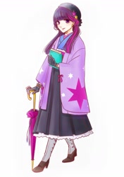 Size: 1242x1767 | Tagged: safe, artist:chizuru_mickey, imported from derpibooru, twilight sparkle, human, anime, anime style, book, boots, clothes, ear piercing, earring, female, gloves, hakama, hand, haori, hat, humanized, jewelry, kimono (clothing), looking at you, piercing, shoes, smiling, solo, umbrella