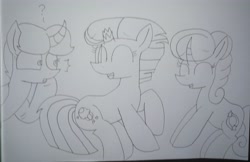 Size: 4215x2730 | Tagged: safe, artist:徐詩珮, imported from derpibooru, fizzlepop berrytwist, glitter drops, spring rain, tempest shadow, pony, unicorn, broken horn, female, glittershadow, horn, lesbian, lineart, mare, polyamory, shipping, springdrops, springshadow, springshadowdrops, traditional art