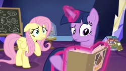 Size: 1920x1080 | Tagged: safe, imported from derpibooru, screencap, fluttershy, twilight sparkle, alicorn, pony, growing up is hard to do, chalkboard, flower, magic, twilight sparkle (alicorn), wishing flower