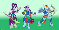 Size: 4077x2081 | Tagged: safe, artist:baroquewolfe, imported from derpibooru, rainbow dash, starlight glimmer, twilight sparkle, twilight sparkle (alicorn), alicorn, anthro, pegasus, unguligrade anthro, unicorn, armor, armor skirt, belt, boots, clothes, dress, female, mare, miniskirt, sandals, shoes, skirt, socks, thigh highs