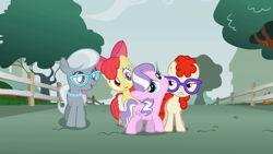 Size: 1280x720 | Tagged: safe, imported from derpibooru, screencap, apple bloom, diamond tiara, silver spoon, twist, earth pony, pony, call of the cutie, female, fence, filly, glasses, jewelry, necklace, pearl necklace, tiara, tree