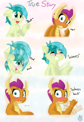 Size: 2270x3272 | Tagged: safe, artist:rainbow eevee, imported from derpibooru, sandbar, smolder, dragon, earth pony, pony, adorkable, blushing, cute, dialogue, dork, dragoness, female, frog (hoof), interspecies, majestic as fuck, male, nodding, pointing, sandabetes, shipping, shipping fuel, smolbar, smolderbetes, story, straight, sweat, text, underhoof, waving, wooing