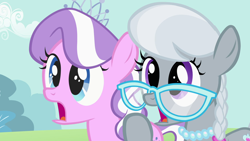 Size: 1920x1080 | Tagged: safe, imported from derpibooru, screencap, diamond tiara, silver spoon, earth pony, pony, the cutie pox, amused, diamond tiara is amused, duo, female, filly, glasses, jaw drop, jewelry, necklace, pearl necklace, shocked, silver spoon is amused, tiara