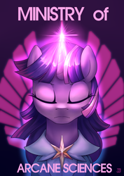 Size: 1754x2480 | Tagged: safe, artist:jedayskayvoker, imported from derpibooru, part of a set, twilight sparkle, pony, unicorn, fallout equestria, bust, clothes, eyes closed, fanfic, fanfic art, female, high res, horn, mare, ministry mares, ministry of arcane sciences, portrait, poster, solo, unicorn twilight