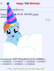 Size: 353x459 | Tagged: safe, imported from derpibooru, rainbow dash, pegasus, pony, /mlp/, 4chan, 4chan party hat, 4chan screencap, cloud, female, hat, mare, party hat, solo, text