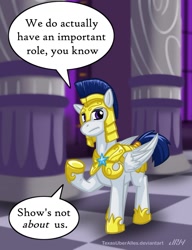 Size: 720x937 | Tagged: safe, artist:texasuberalles, imported from derpibooru, pegasus, pony, armor, helmet, looking at you, male, raised hoof, royal guard, solo, speech bubble, stallion