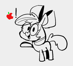 Size: 675x611 | Tagged: safe, artist:latexia, imported from derpibooru, apple bloom, earth pony, pony, apple, apple bloom's bow, bow, exclamation point, female, filly, food, hair bow, monochrome, open mouth, partial color, smiling, solo