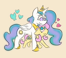 Size: 4500x4000 | Tagged: safe, artist:antimationyt, imported from derpibooru, fluttershy, princess celestia, alicorn, butterfly, pegasus, pony, blushing, duo, female, floppy ears, flutterlestia, folded wings, heart, height difference, lesbian, looking at each other, looking down, looking up, mare, no pupils, shipping, simple background, smiling, standing, standing over, wings