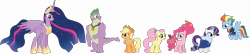 Size: 16004x3523 | Tagged: safe, artist:dragonchaser123, imported from derpibooru, applejack, fluttershy, pinkie pie, rainbow dash, rarity, spike, twilight sparkle, alicorn, dragon, earth pony, pegasus, pony, unicorn, the last problem, absurd resolution, clothes, female, granny smith's scarf, granny smith's shawl, male, mane seven, mane six, mare, older, older applejack, older fluttershy, older pinkie pie, older rainbow dash, older rarity, older spike, older twilight, princess twilight 2.0, simple background, smiling, transparent background, twilight sparkle (alicorn), vector, winged spike, wings