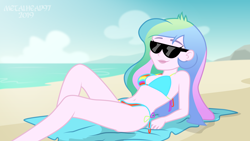 Size: 8000x4500 | Tagged: safe, artist:metalhead97, imported from derpibooru, princess celestia, equestria girls, beach, belly, belly button, bikini, blue bikini, blue swimsuit, breasts, clothes, commission, cute, cutelestia, female, principal celestia, rainbow dash bikini, relaxing, sand, show accurate, smiling, solo, sun, sunglasses, swimsuit, towel, water