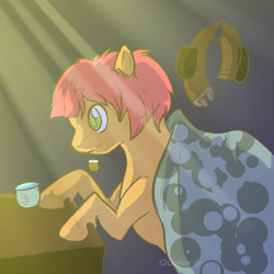 Size: 900x900 | Tagged: safe, artist:boxgoat, artist:quelux, imported from derpibooru, oc, oc only, oc:noah fence, earth pony, pony, blanket, crepuscular rays, cup, female, mare, mouth hold, solo, teabag, toolbelt