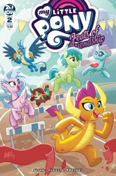 Size: 825x1252 | Tagged: safe, artist:tonyfleecs, idw, imported from derpibooru, gallus, ocellus, sandbar, silverstream, smolder, yona, spoiler:comic, spoiler:comicfeatsoffriendship02, hurdle, obstacle course, student six