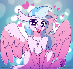 Size: 1280x1200 | Tagged: safe, artist:greenlinzerd, imported from derpibooru, silverstream, classical hippogriff, hippogriff, beautiful, colored hooves, cute, diastreamies, female, fluffy, heart, heart eyes, human shoulders, jewelry, looking at you, looking away, necklace, sitting, smiling, solo, spread wings, unshorn fetlocks, wingding eyes, wings