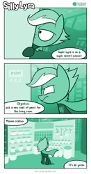 Size: 726x1387 | Tagged: safe, artist:dori-to, imported from derpibooru, lyra heartstrings, pony, comic:silly lyra, comic, female, green, greenscale, leaning on the fourth wall, mare, monochrome, superhero