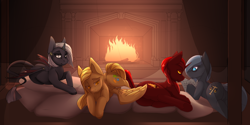 Size: 3000x1500 | Tagged: safe, artist:chapaevv, imported from derpibooru, oc, oc only, pony, female, fireplace, laying on bed, looking at you, lying on bed