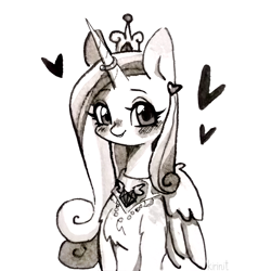 Size: 1000x1000 | Tagged: safe, artist:kirinit, imported from derpibooru, princess cadance, alicorn, pony, blushing, chest fluff, crown, cute, cutedance, female, heart, horn, horn ring, inktober, inktober 2019, jewelry, mare, monochrome, painting, peytral, regalia, simple background, solo, traditional art, white background