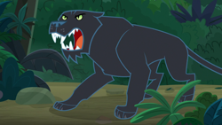 Size: 2200x1238 | Tagged: safe, imported from derpibooru, screencap, big cat, cat, jaguar (animal), panther, daring doubt, ahuizotl's cats, ambiguous gender, animal, fangs, open mouth, solo