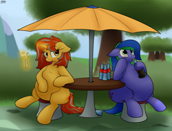 Size: 2427x1849 | Tagged: safe, artist:the-furry-railfan, imported from derpibooru, oc, oc only, oc:cinderheart, oc:felicity stars, pegasus, pony, unicorn, adorafatty, bottle, bush, cute, drinking, drinking straw, fat, female, inflation, magic, mare, mentos, mints, mountain, nuka cola, pudgy, scenery, sipping, soda, soda inflation, squishy, stuffed, stuffed belly, table, telekinesis, this will end in balloons, tongue out, tree, umbrella