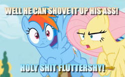 Size: 707x436 | Tagged: safe, edit, edited screencap, imported from derpibooru, screencap, fluttershy, rainbow dash, flutter brutter, caption, discovery family logo, duo, image macro, peeved, swearyshy, text, vulgar