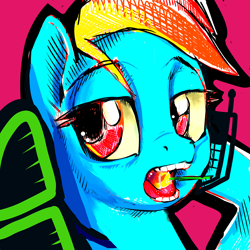 Size: 1440x1440 | Tagged: safe, artist:docwario, imported from derpibooru, rainbow dash, pony, bust, call, calling, candy, dashtober, female, food, lidded eyes, lollipop, open mouth, portrait, solo