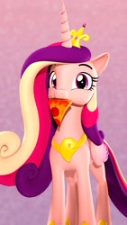 Size: 2304x4096 | Tagged: safe, artist:flushthebatsanta, imported from derpibooru, princess cadance, alicorn, pony, 3d, abstract background, crown, cute, cutedance, eating, female, food, jewelry, looking at you, mare, meat, mouth hold, peetzer, pepperoni, pepperoni pizza, pizza, ponies eating meat, puffy cheeks, regalia, silly, silly pony, smiling, solo, source filmmaker, that pony sure does love pizza, tiara